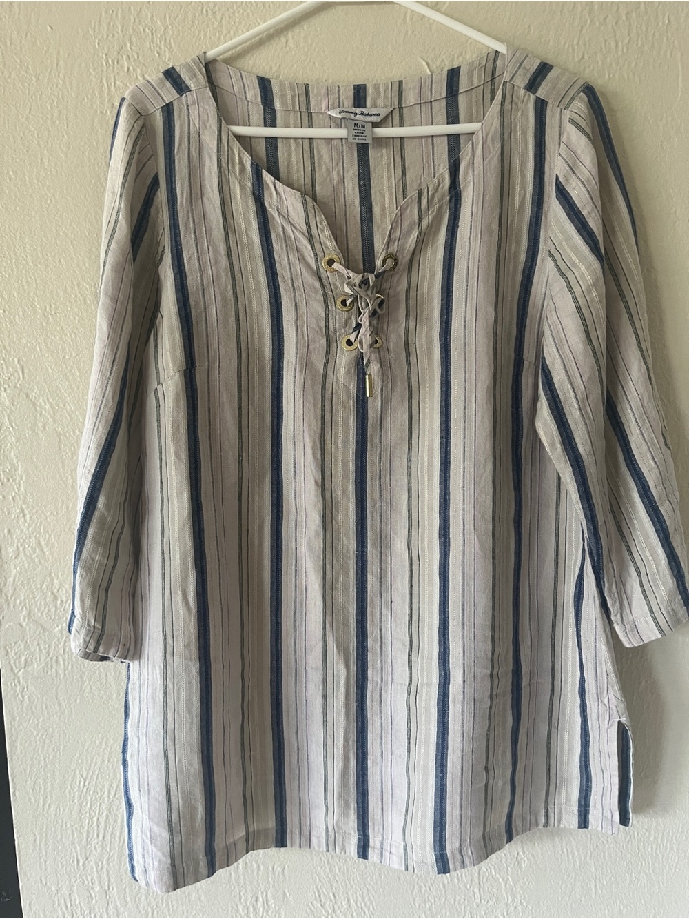 Tommy Bahama Beige and Blue Striped Lace-Up Tunic